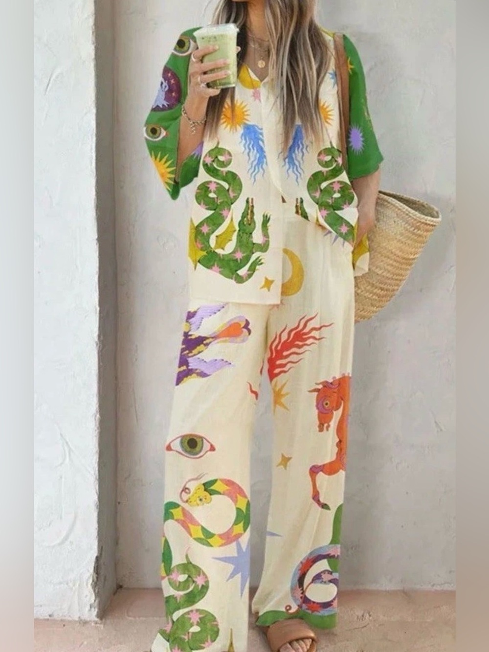 ALEMAIS Styled Unbranded Celestial Seeker SS Shirt / Palazzo Pants Set XL NWOT